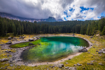 Naklejka na ściany i meble Karersee (Lago di Carezza), is a lake in the Dolomites in South Tyrol, Italy.