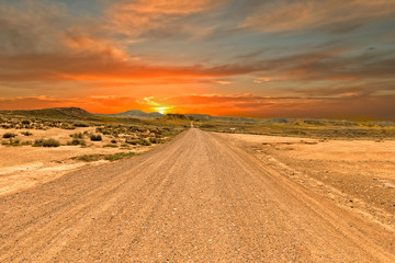 Fototapeta na wymiar Highway through the desert on a sunset