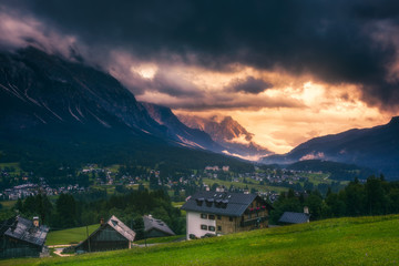 Naklejka premium Majestic Dolomites mountain range, valley with south tyrol dolomites background. South Tyrol, Dolomites, Italy.