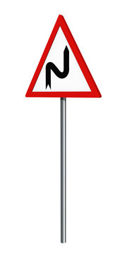 Deutsches Verkehrszeichen: Doppelkurve rechts, auf weiß isoliert, 3d render