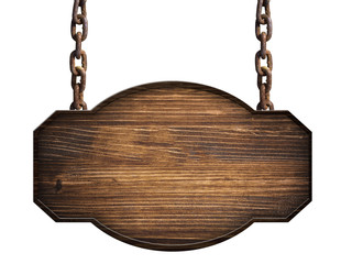 Wooden sign in dark wood hanging on a chain isolated