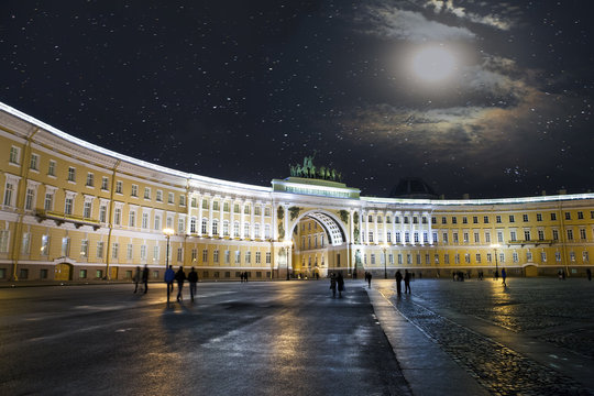 St. Petersburg. Russia. Palace Square and Arch of the General Staff Building in night illumination