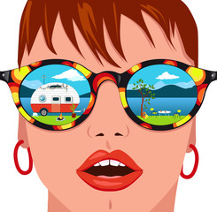 Fototapeta na wymiar Seaside camping scene with a caravan trailer is reflected in sunglasses of a young girl, EPS 8 vector illustration