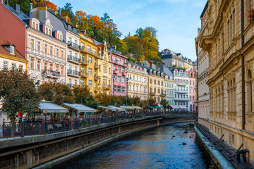 Architecture of Karlovy Vary (Karlsbad), Czech Republic. It is the most visited spa town in the...