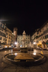 Verona, Italy July 17, 2013. Statue of the Madonna on Piazza delle Erbe at Night, Verona, Veneto, Italy