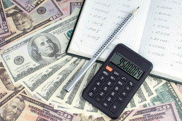 calculator green notebook with dollar bills on the background of money crisis intervention concept