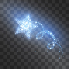 Neon glitter star vector light shining cluster comet with curvy tail. Suitable for glowing sparkling decoration of advertising posters, invitations, illustrations. Luxurious fairy tale detail.