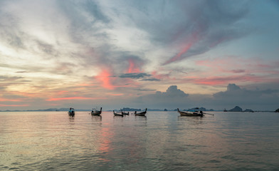 Classic Thailand sunset view with long tail boats, huge 74MP panorama