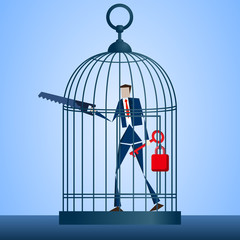 Business concept. Businessman cuts cage