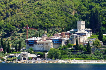 Athos peninsula, Greece. The Monastery of Dochiariou, founded in the 10th century, located in the...