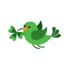 green bird flying with clover in beak vector illustration