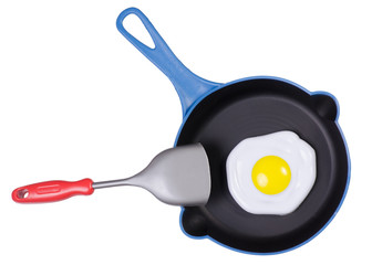 Children's toy skillet fried eggs with a kitchen spatula