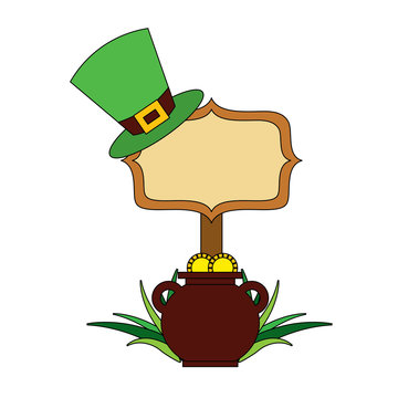wooden board with pot coins and hat of leprechaun vector illustration