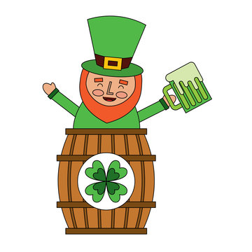 st. patricks day leprechaun inside on a barrel with a pint of beer in his hand vector illustration