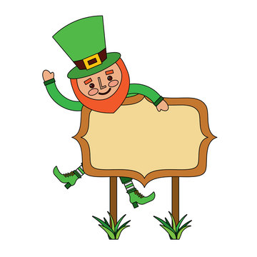 leprechaun on wooden board happy character vector illustration
