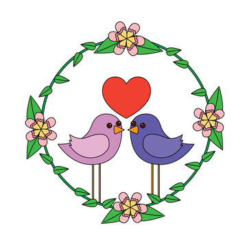 two happy cute bird in love with the heart in floral wreath vector illustration