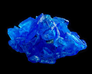 Copper sulfate chalcanthite crystal isolated on black
