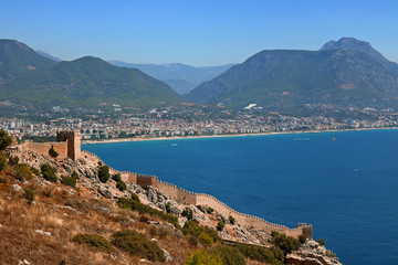 Fototapeta na wymiar Red Tower and Marina view from Alanya Castle in Antalya, Turkey.