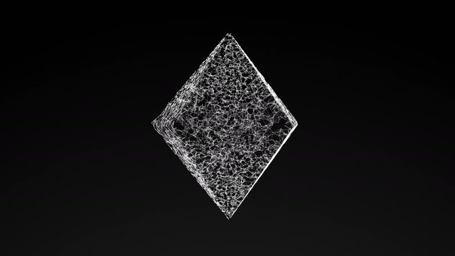 model of platonic figure, abstract geometric composition from chaotic slow moving dots, lines and triangles are placed in the object, 4K seamless loop abstract animation on black background 