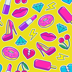 Cute fashion seamless pattern with colorful patches. Stickers of ice cream, cherry, lipstick, heart, high heel shoes, donuts, diamonds etc on yellow background. Vector illustration