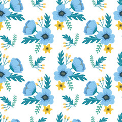 Fototapeta na wymiar Elegant colorful seamless floral pattern with blue and yellow flowers on white background. Ditsy print. Vector illustration