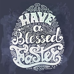 Vector Happy Easter black typographic calligraphic lettering with gold scribble egg frame and colorful paper flowers isolated on white background. Retro holiday easter badge. Religious holiday sign.