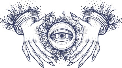 Witch hands with all seeing third eye mushrooms and herbs. Dotwork tattoo design. Vector