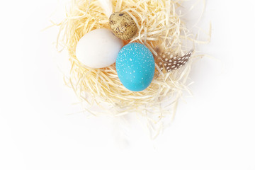 still life of eggs, Easter ggs on the dry grass