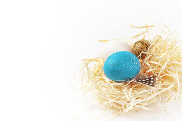 still life of eggs, Easter ggs on the dry grass