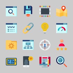 Icons about Seo with backup, speedometer, domain registration, search, blogging and smartphone