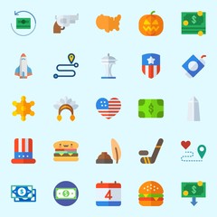 Icons about United States with hat, pumpkin, hockey, money, independent day and washington monument