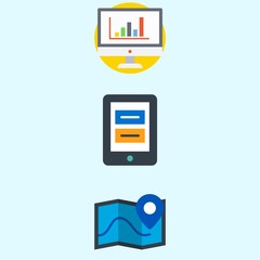 Icons about Digital Marketing with map, tablet and statistics