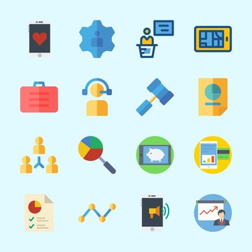 Icons about Business with suitcase, line graph, pie chart, presentation, stats and smartphone