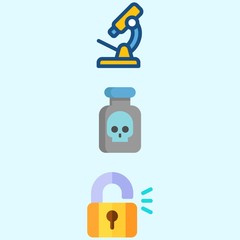 Icons about Crime Investigation with poison, microscope and padlock