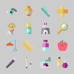 Icons about Beauty with apple, band aid, hair curler, face, cosmetics and sologne