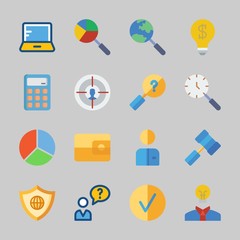 Icons about Business with search, shield, checked, calculator, pie chart and hammer