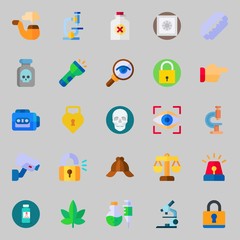 Icons about Crime Investigation with eye scan, microscope, tape recorder, flashlight, cap and marijuana