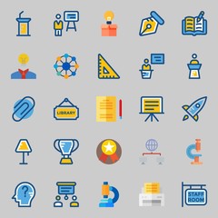 Icons about School And Education with library, missile, lamp, presentation, printer and open book