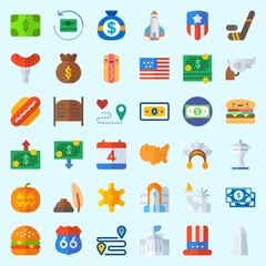 Icons about United States with hat, native american, money, sheriff, hamburger and gun