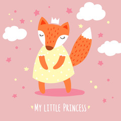Cute cartoon fox girl in dress and handwritten inscription My little princess. Vector illustration.