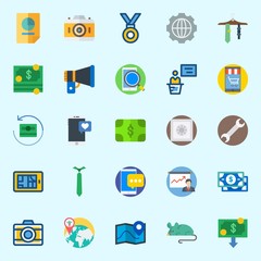 Icons about Digital Marketing with safebox, medal, settings, presentation, map and stats