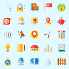 Icons about Real Assets with turned off, wheelbarrow, placeholder, for rent, ventilation and padlock
