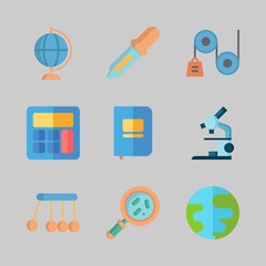 Icons about Science with notebook, microscope, calculator, earth, loupe and planet