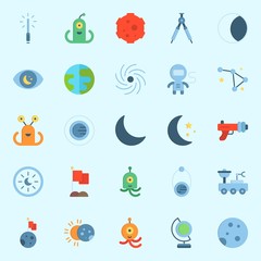 Icons about Universe with orbit, constellation, alien, blaster, earth glope and astronaut