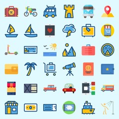 Icons about Travel with sun, pyramids, scooter, sailboat, suit case and wallet