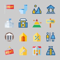 Icons about Construction with real estate, percentage, pyramids, pyramid, museum and hotel