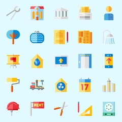 Icons about Real Assets with worker, shower, printed, measuring, for rent and seventeen