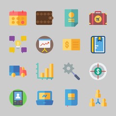 Icons about Business with smartphone, notebook, suitcase, bar chart, agreement and laptop