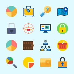 Icons about Commerce with pie chart, networking, padlock, online , target and wallet