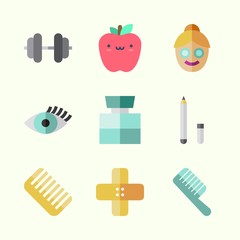 Icons about Beauty with eye pencil, eyelash, comb, band aid, cologne and dumbbell